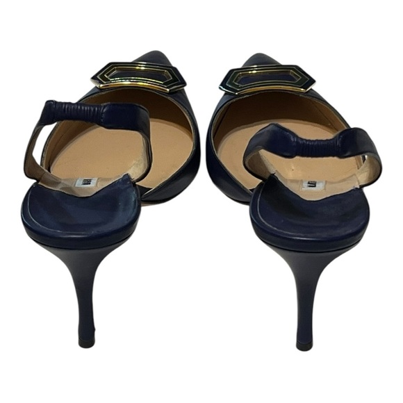 Manolo Blahnik Pointed Toe Slingback Halter Pump Leather Buckle Kitten Heel 39 - Picture 3 of 6